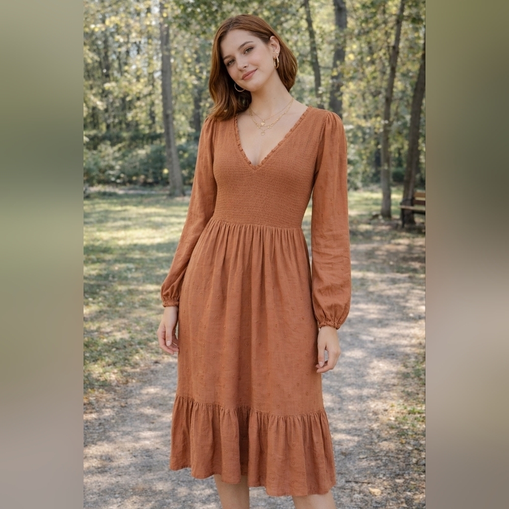 Old Navy Warm Hickory Smocked Embroidered Boho Ruffle Hem Midi Dress XS Romantic